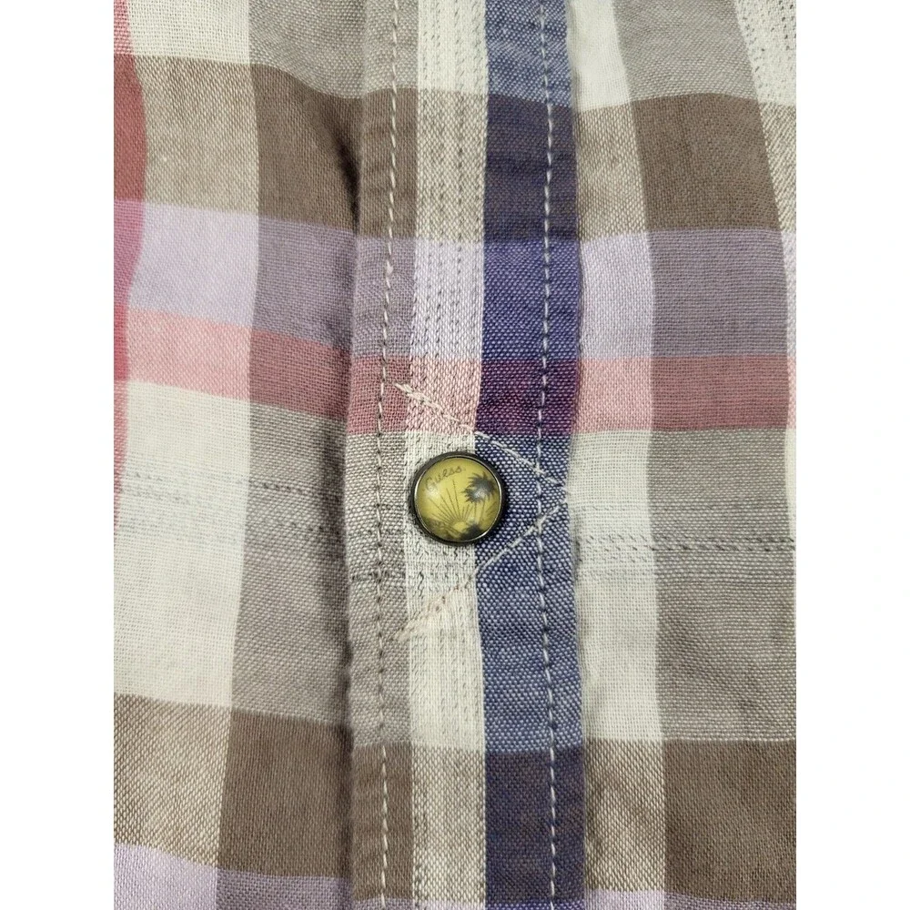 GUESS Men's Slim Fit Short Sleeve Plaid Shirt - Multicolor (Blue/Pink/Gray) - Picture 10 of 14